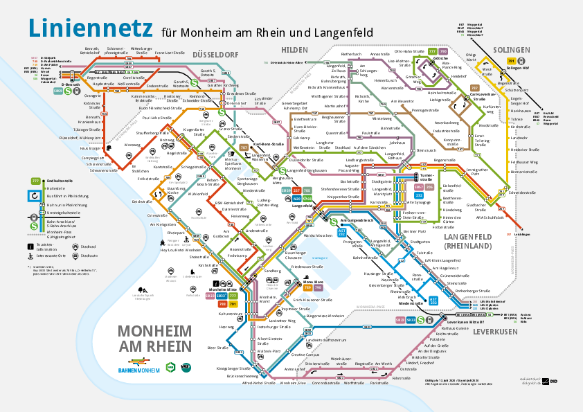 Liniennetzplan Monheim und Langenfeld 2026 stilisierte Liniennetzkarte von den Buslinien und Stadtrad-Stationen in Monheim am Rhein und Langenfeld