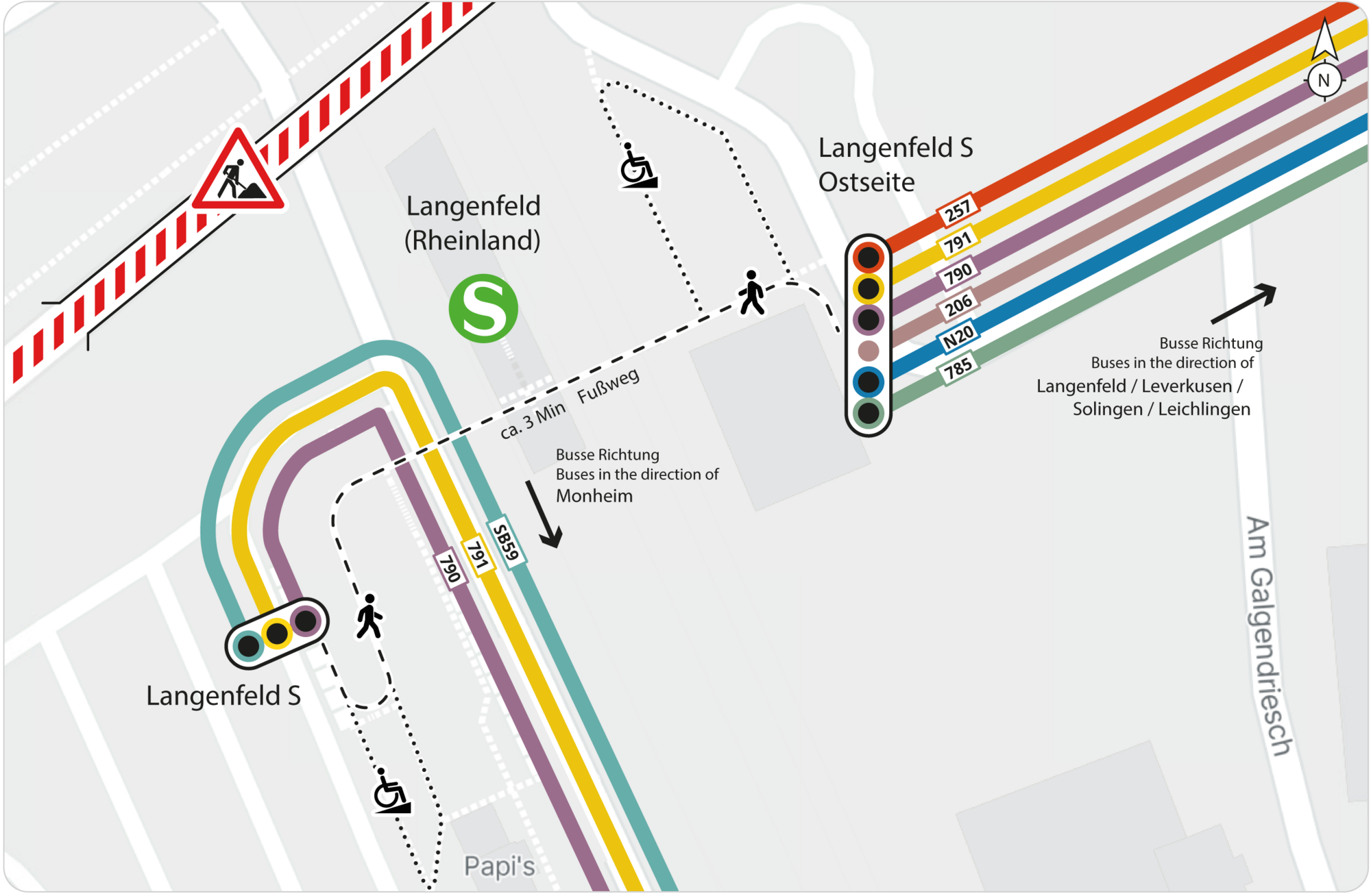 Übersichtskarte mit eingezeichnetem Fußweg sowie barrierefreiem Weg von West- zur Ostseite Langenfeld S