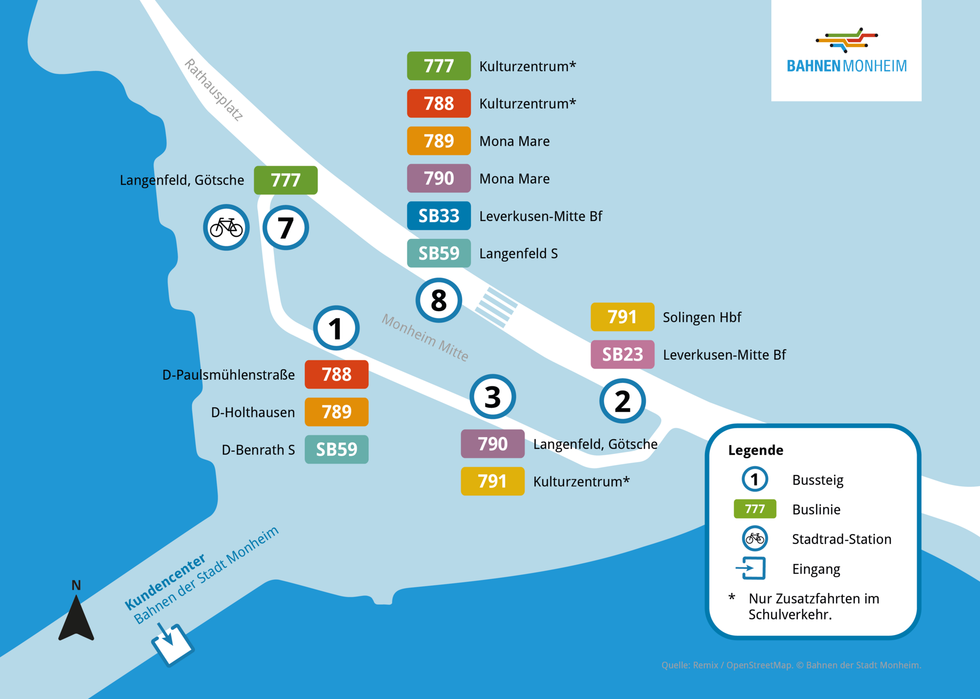 Plan des Busbahnhofs "Monheim Mitte" in Monheim am Rhein mit den an den Bussteigen jeweils abfahrenden Linien.
