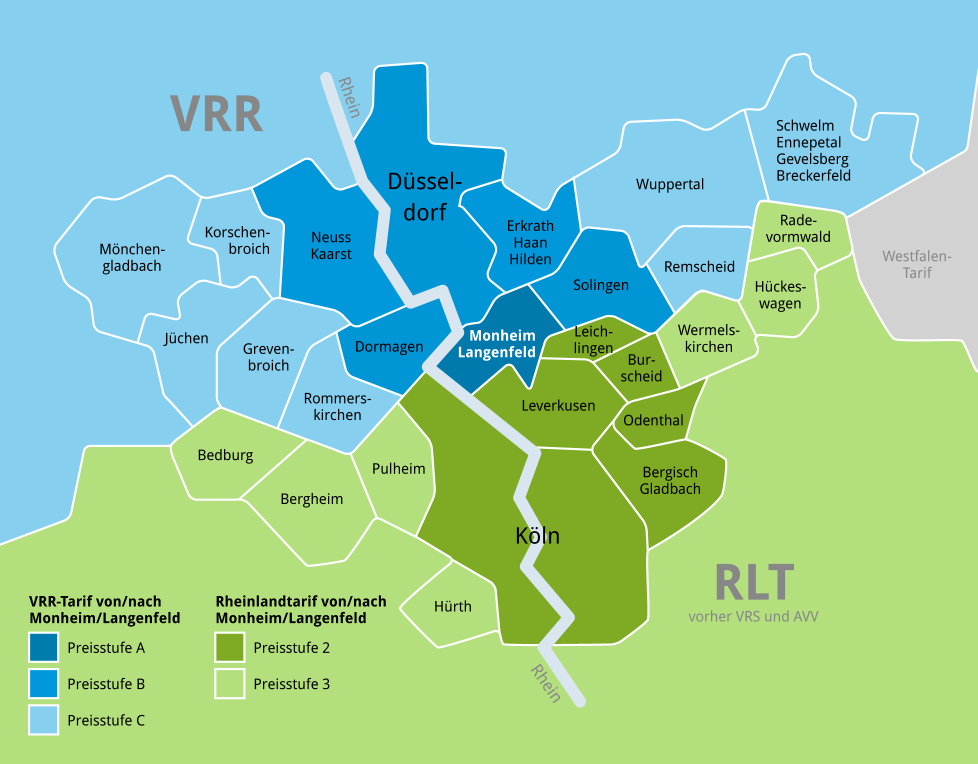 Karte der umliegenden Tarifgebiete um Monheim/Langenfeld mit unterschiedlichen Einfärbungen für die verschiedenen Preisstufen.