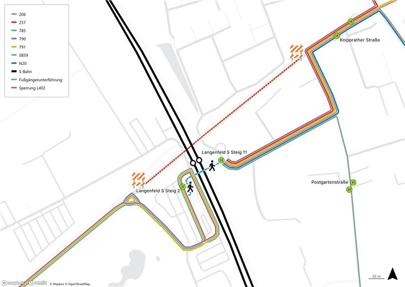 Übersichtsplan der Haltestelle Langenfeld S mit Busbahnhof auf der Westseite und provisorischem Busbahnhof auf der Ostseite und eingezeichnetem Fußweg.