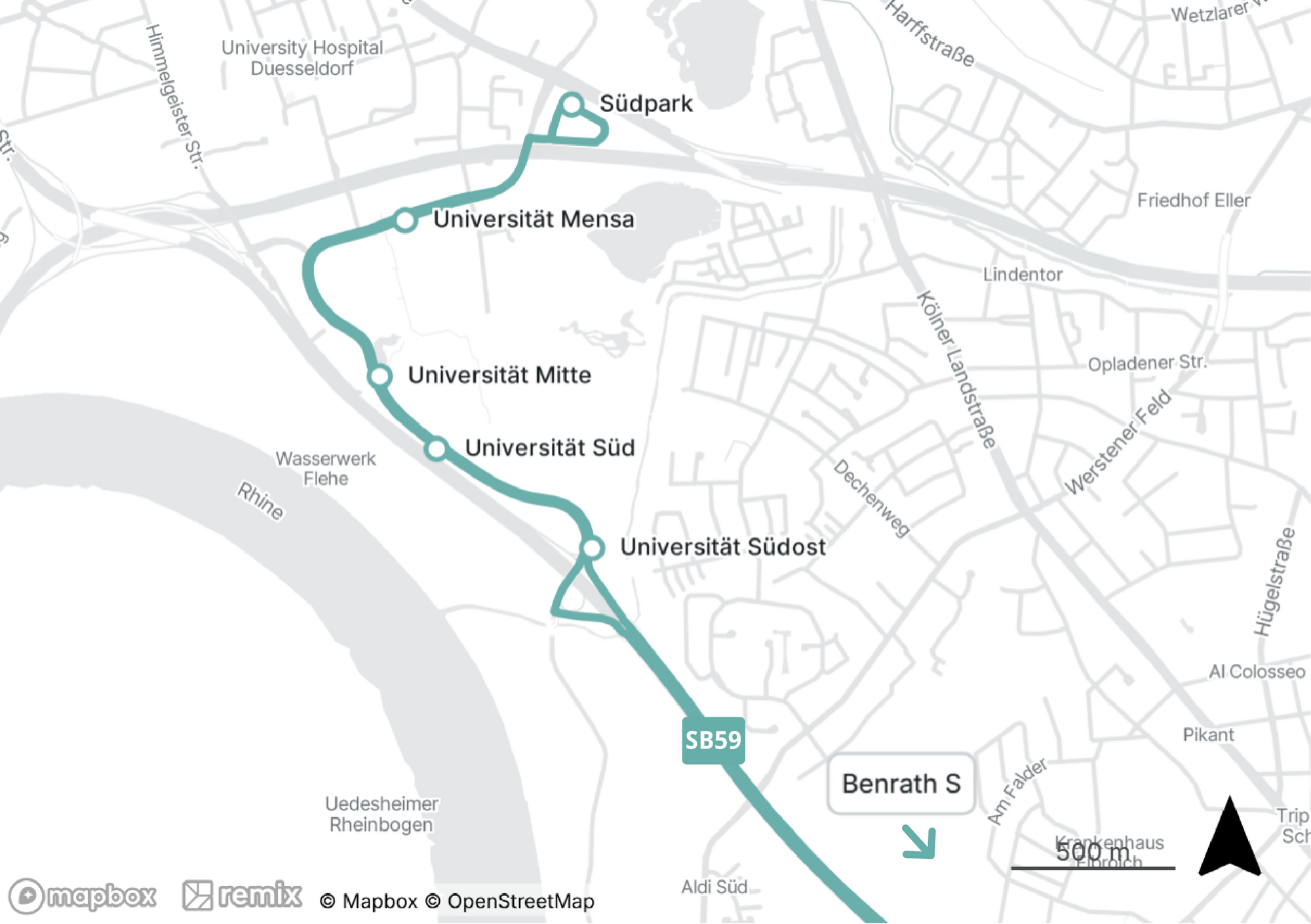 Karte des Linienverlaufs der Linie SB59 zwischen Benrath S und Düsseldorf Südpark.